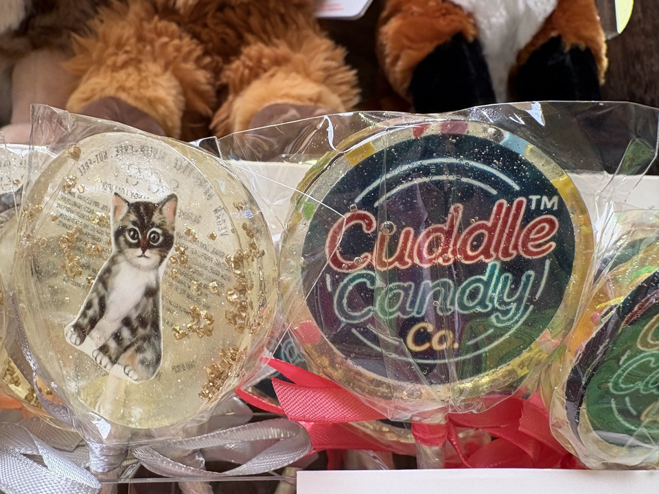 Signature Cuddle Candy Co. lollipops with kitten artwork
